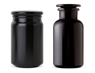 Black glass apothecary bottle. Bath salt jar, glossy vintage flask. Aroma candle round container mockup. Retro laboratory vial, elegant supplement. barber product bottle