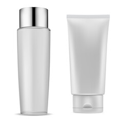 Shampoo cosmetic bottle. Shower gel container blank, realistic vector template. Soft cream tube design, face care hygiene set. Liquid soap or lotion packaging mockup, bath or spa cosmetic