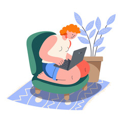 Woman is sitting with a laptop. Remote work from home. Freelancer. Light-skinned person with red hair. Minimalistic flat style cute illustration. Isolated