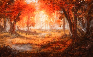 Autumn Beautiful magical forest fabulous yellow trees. Forest landscape, sun rays illuminate orange leaves and branches of trees. Magical autumn forest. Illustration