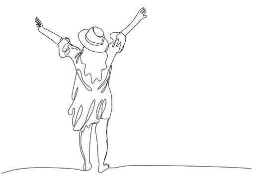 Happy woman in hat standing and stretching two hands towards sky. Concept of freedom, happiness, relaxation. One continuous line drawing. Vector illustration