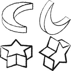 モノクロでシンプルな落書き風のアイソメトリックスタイルの星と三日月のイラストセット.