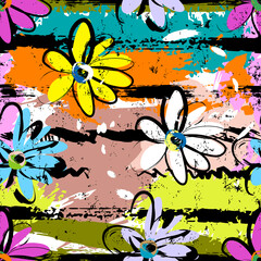 floral seamless pattern background, with flowers, stripes, paint strokes and splashes
