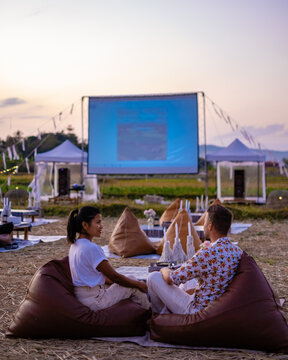 Nan Thailand , People Looking Movies At Outdoor Cinema At Night In Nan Thailand., Outdoor Movie Film 