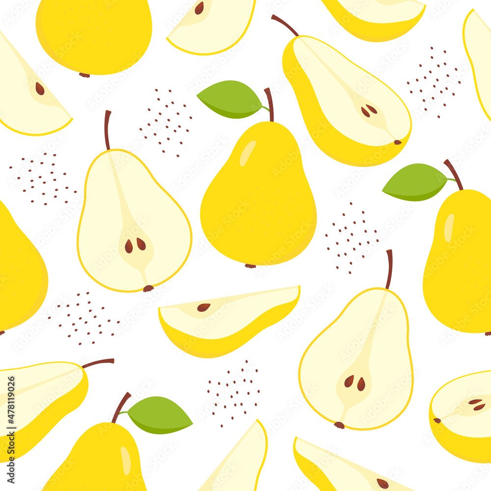 Poster yellow pears pattern. sweet slices, whole and half pear fruits seamless pattern. vector isolated on 