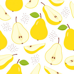 Yellow pears pattern. Sweet slices, whole and half pear fruits seamless pattern. Vector isolated on white.