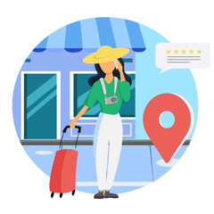 Woman travelling and ordering hostel illustration in flat style