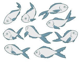 Fish different poses collection of cartoon isolated illustrations