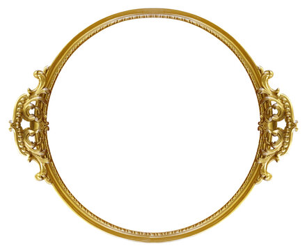 Golden round frame for paintings, mirrors or photo isolated on white background. Design element with clipping path