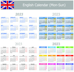 2023 English Mix Calendar Mon-Sun on white background