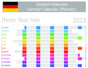 2023 German Planner Calendar with Horizontal Months on white background - obrazy, fototapety, plakaty