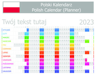 2023 Polish Planner Calendar with Horizontal Months on white background