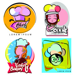 Halal homemade logo template element with muslim cute woman chef with hijab holding dessert box and love illustration
