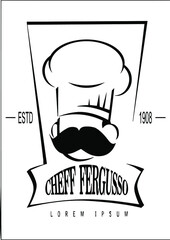 chef logo in the form of a professional chef with fur beard and cooking tools vector illustratio