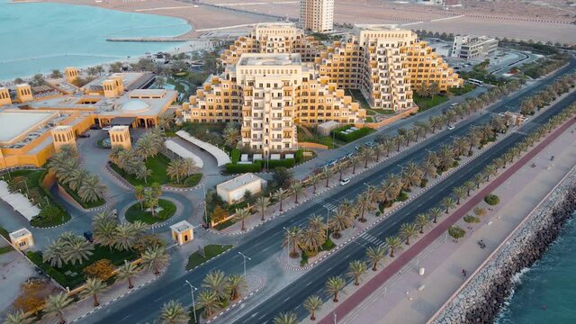 Marjan Island boulevard in Ras al Khaimah emirate in the UAE aerial view at sunset
