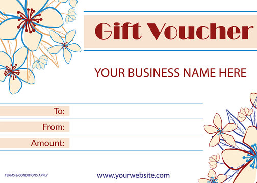 Modern Jasmine flower gift voucher vector template with beautiful blooming hand drawn floral design. Contemporary botanical flower nature themed voucher for business. For beauty, health company