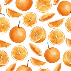 Watercolor seamless pattern with oranges and slices. Hand painted citrus ornament for wrapping paper, print, fabric or scrapbooking.