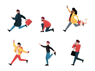 Late people. Business characters running person rush to office speed lifestyle stressed hurrying stressed people garish vector flat illustrations