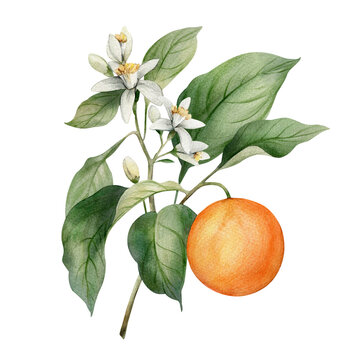 Watercolor illustration of orange. Hand painted branch with ripe fruit and green leaves, with white flowers isolated on white background.