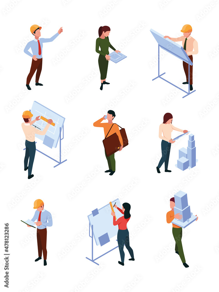 Poster engineers working. architects and designers making architectural projects buildings production super