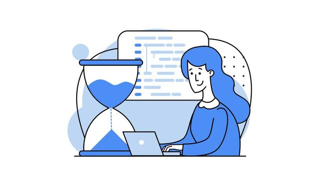 Girl programmer. Remote work. A programmer is working on the next big thing. Coding on screen, HTML coding and screen programming, web development, developer. Deadline. Hourglass. Looped video.