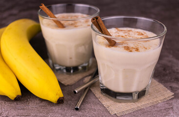 Banana cinnamon smoothie in a glass. Close-up.	