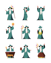 Wizard. Fairytale old magician making fantasy spells fabulous merlin garish vector colored flat person in action poses - obrazy, fototapety, plakaty