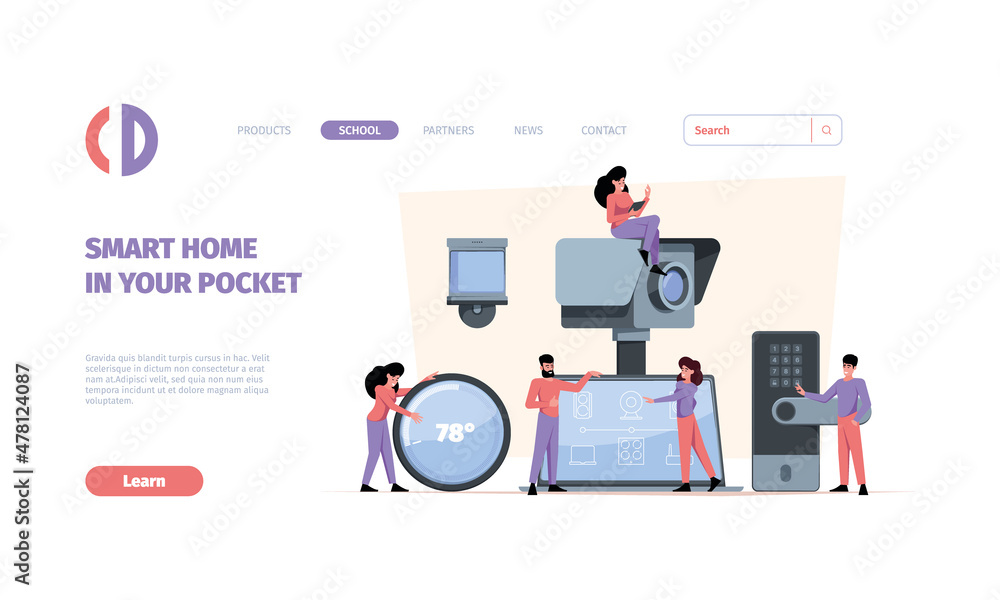 Poster smart home landing. secure house system for comfortable life happy people garish vector web page tem