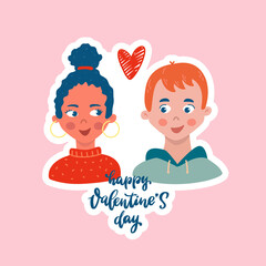 Happy Valentine's day lettering quote deocrated with a cute couple of people. Good for greeting cards, posters, prints, stickers, signs, tags, etc. EPS 10