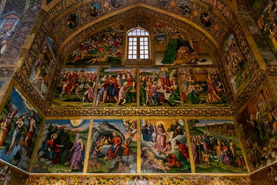 Isfahan, Iran - 04.19.2019: Richly decorated interior of armenian christian Vank church in Isfahan, Iran. Vank cathedral.