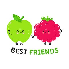 Card with cute happy green apple and raspberries. Vector hand drawn doodle style cartoon character illustration icon design. Best friends card with cute happy green apple and raspberries