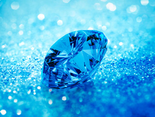 Blue dazzling diamond on blue shining bokeh background. concept for chossing best diamond gem design