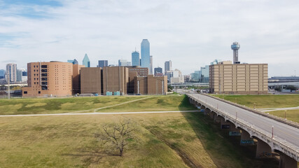 Fototapeta na wymiar Aerial view left side of Commerce Street Bridge toward Downtown Dallas, Texas, USA