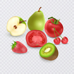 Set of fruits and vegetables on a transparent background, fresh vegetables and fruits in a realistic style, vector format