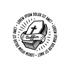 Vintage monochrome coffin icon logo badge. Tag line copy space. Retro coffin cross ribbon emblem. Death bury grave funeral concept idea symbol. 