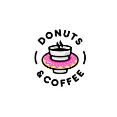 Donuts and coffee logo. Symbol design. Cafe emblem badge. Cute cartoon bakery logo. Doughnut bright colorful illustration