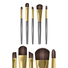 Makeup brush mockups of beauty cosmetics 3d design. Blush for eyeshadow and contour, eyebrow comb, foundation, concealer and bronzer, vector illustration