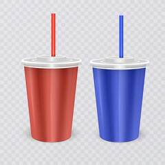 Paper disposable cup with lid and drinking straw for cold beverage -soda, ice tea, cocktail, milkshake, juice. Vector 3d illustration