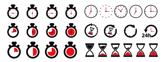 Timer, Clock Icon Set - Different Black And Red Vector Illustrations Isolated On White Background