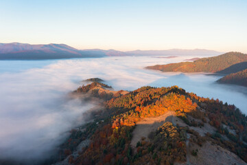 Mountains with colorful trees covered with layer of fog