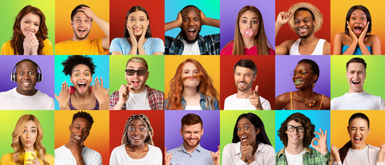 Set of closeup photos of happy multiracial people
