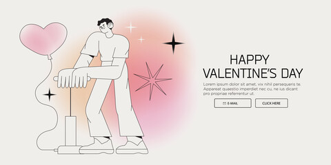 Creative happy valentines day banner, landing web page, poster or social media ads or greeting with male character blowing balloon in heart shape. Love confession or valentine card with man in love.