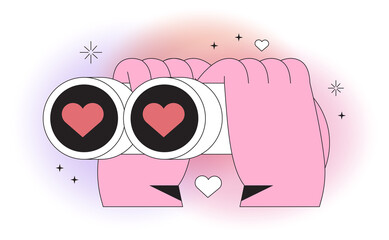 Hands hold binoculars and look through them. Eyes with red hearts full of love. Vector illustration for dating application or valentines day. Outline vector element for web, ui or application design.