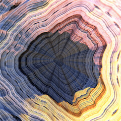 Annual rings concentric to the center of a felled tree with unreal colors disappearing in a hole, 3D graphics. 3d fractal graphic, part of a huge fractal