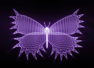Stylized glowing butterfly with open wings on black background, 3d rendered