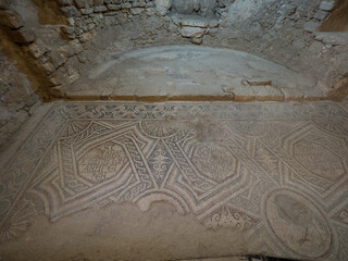 Mosaico en el Parque Arqueológico de Madaba, en Jordania, Asia