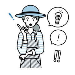 立って素晴らしいアイデアをひらめいた農家の女性 フキダシに電球と感嘆符のセット