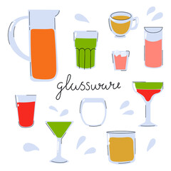 Hand drawn set of glassware. Flat modern illustration.