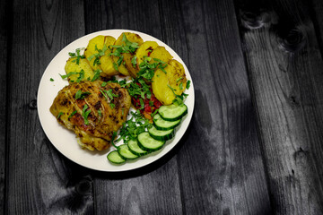 A dish with baked chicken and potatoes, garnished with green parsley and sliced cucumber, top view. On a dark wooden background.
