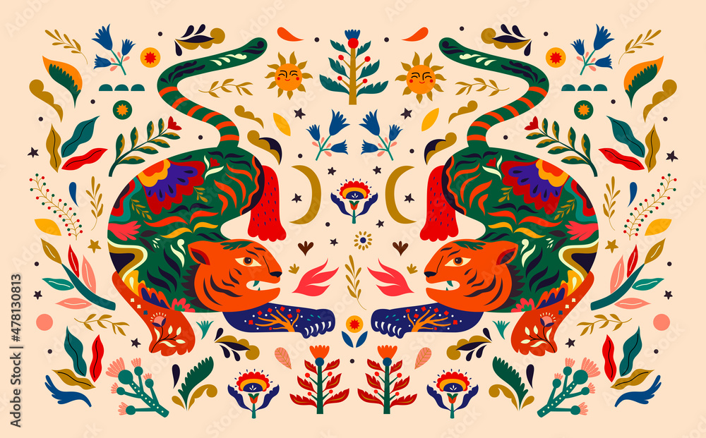 Wall mural new year decorative banner with tigers. illustration with tigers and flowers. symbol of 2022 year. h